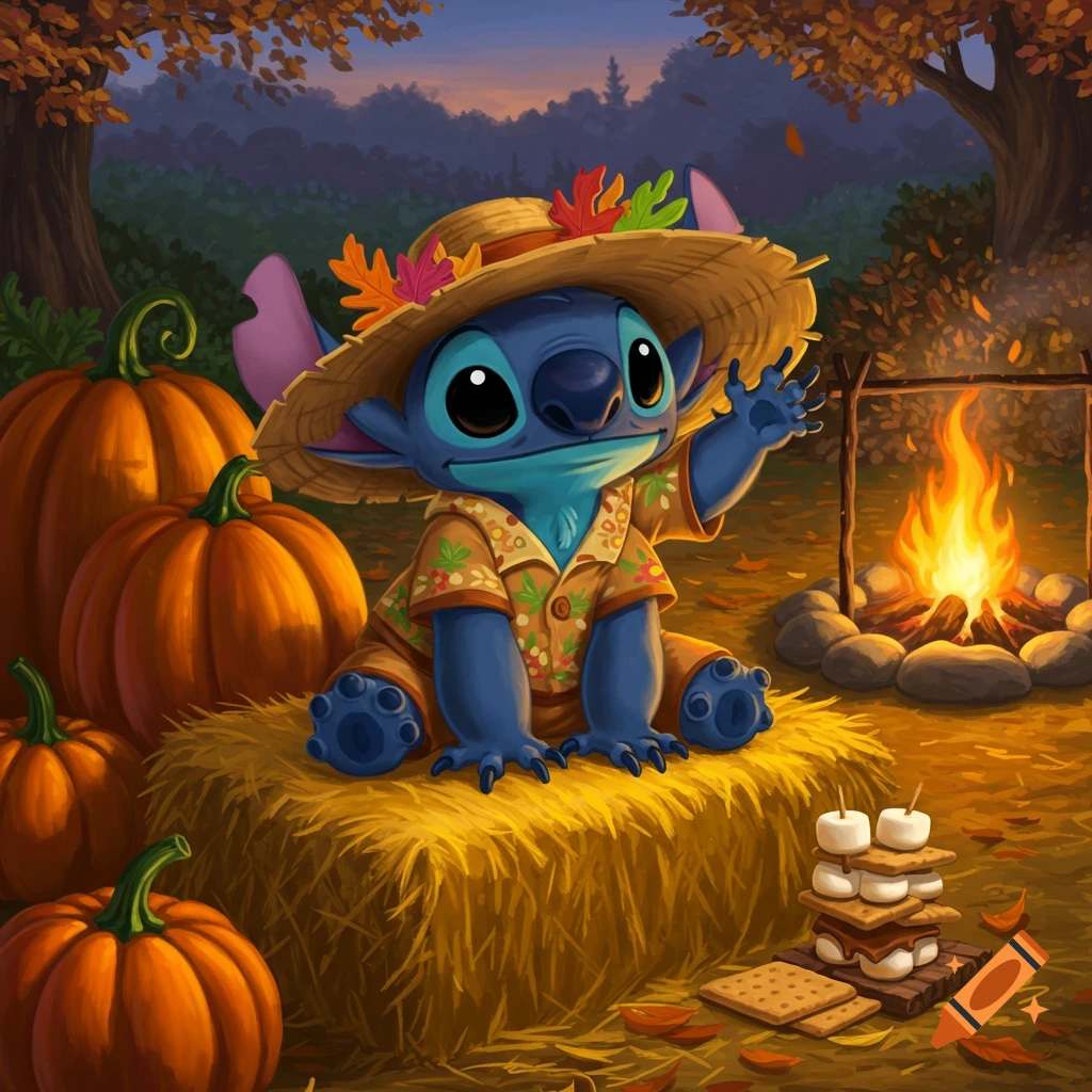 Stitch wearing a straw hat on a hay bale among pumpkins and s'mores next to a campfire in an autumn forest scene.