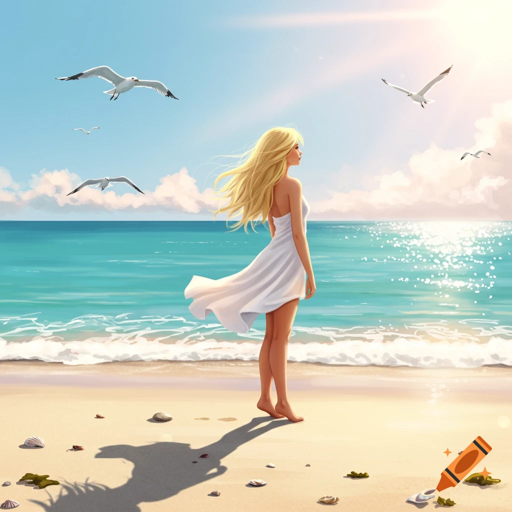 Illustrated blond woman in a white dress stands on a sandy beach, looking at the blue ocean under a bright sky with seagulls.