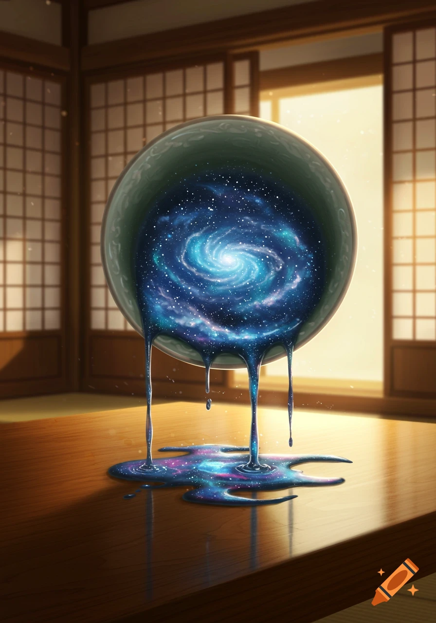 A teacup filled with a swirling galaxy, spilling cosmic liquids onto a wooden table in a room with Japanese-style screens.