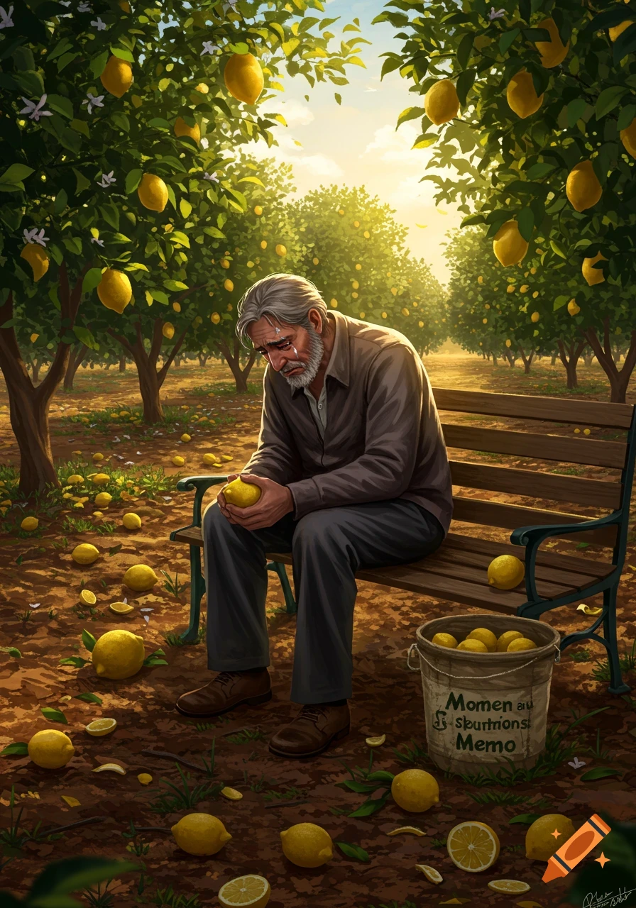 An old man with a grey beard sits on a bench in a sunlit lemon grove, crying and holding a lemon, with many lemons on the ground.