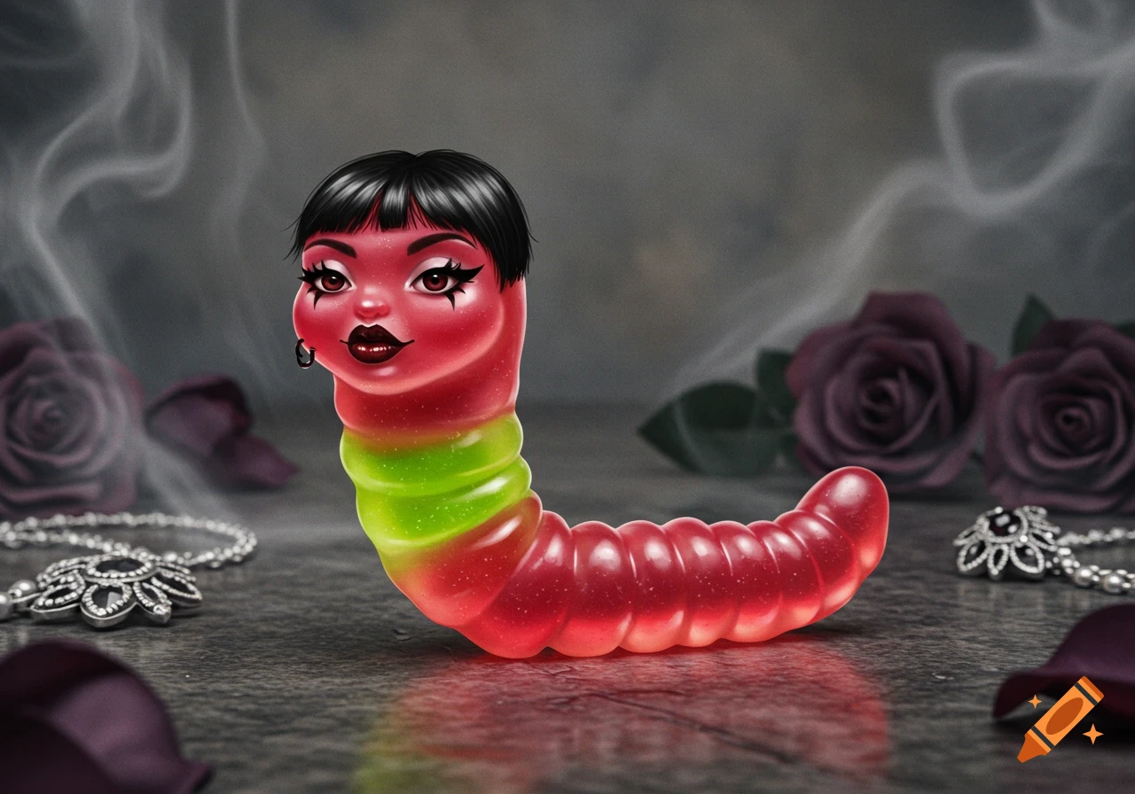 A photorealistic red and green gummy worm with a goth girl's face, dark makeup, and an earring, surrounded by dark roses and smoke.
