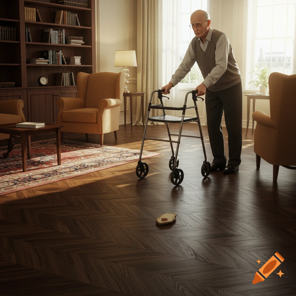 A photorealistic image of an elderly man with a walker in a well-lit living room, looking at a small object on the wooden floor.