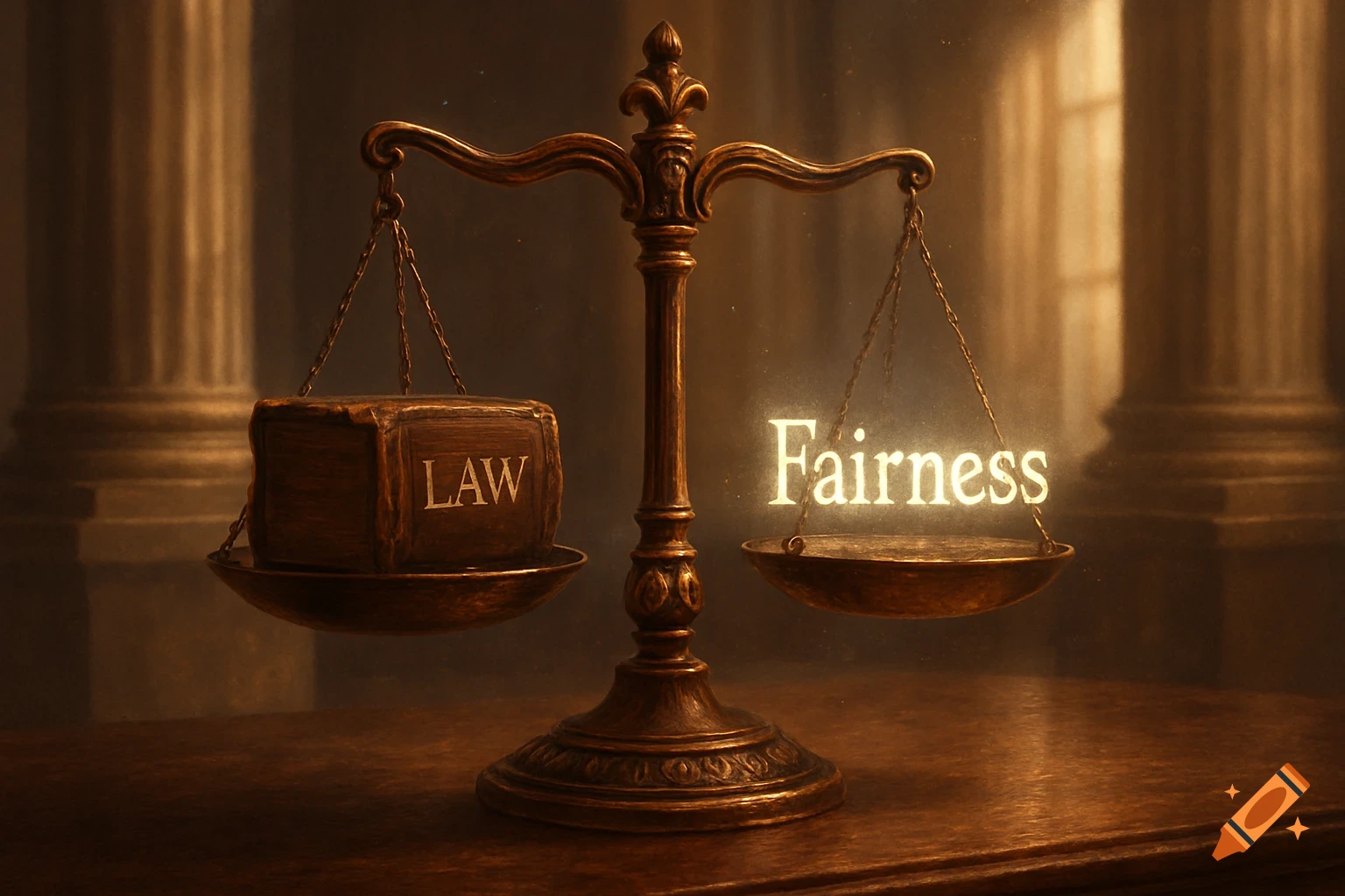 Antique justice scale with 'LAW' book on one side and glowing 'Fairness' on the other, in a dimly lit hall.