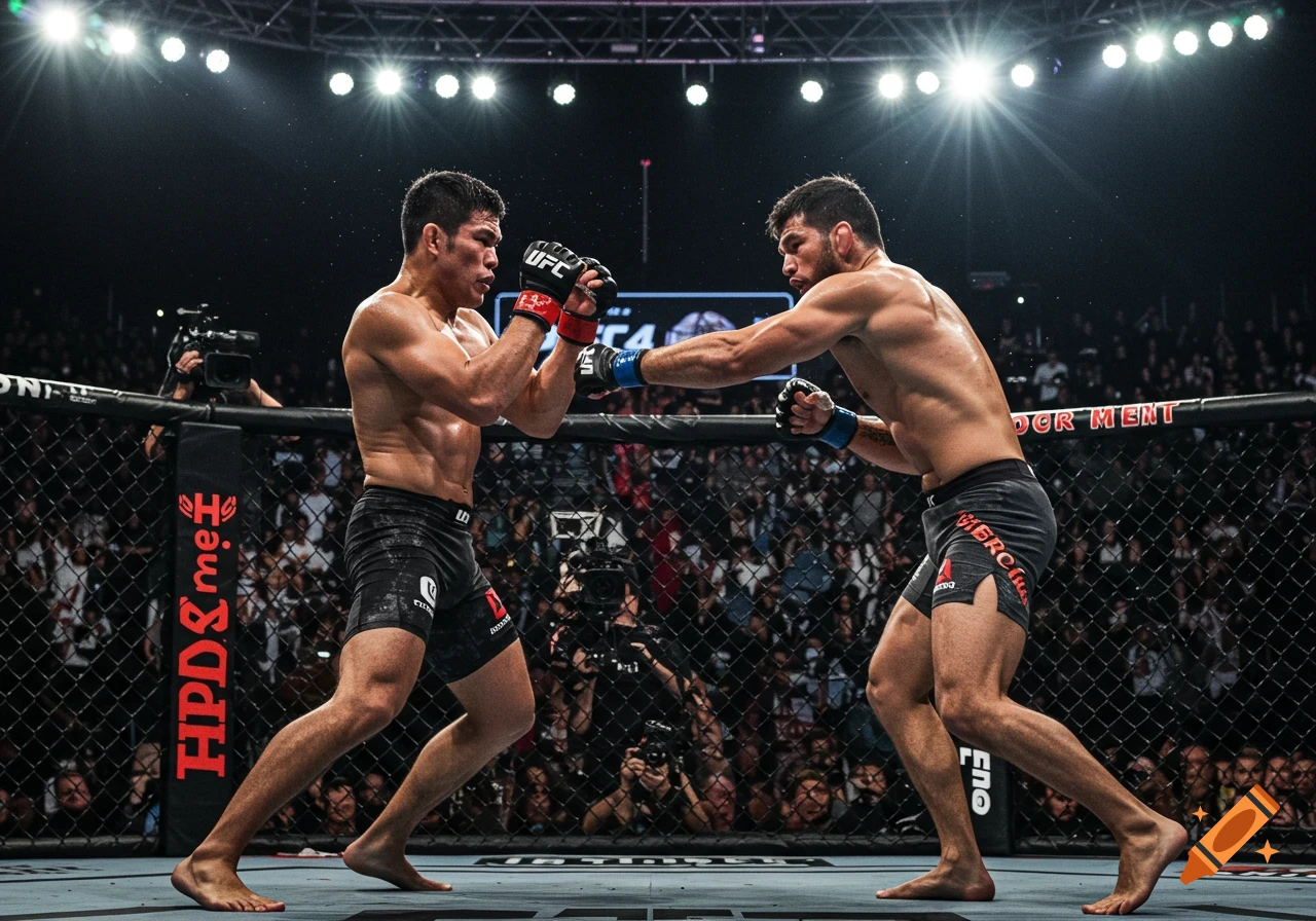 Two male MMA fighters, shirtless and in fight shorts, face off in an octagon during a UFC match under bright arena lights.