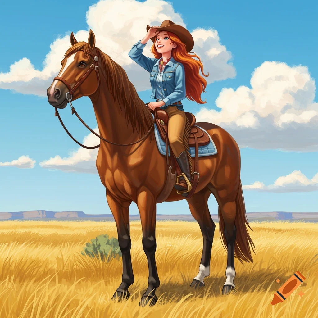 A smiling cartoon cowgirl with red hair on a brown horse, looking into the distance in a sunny field.
