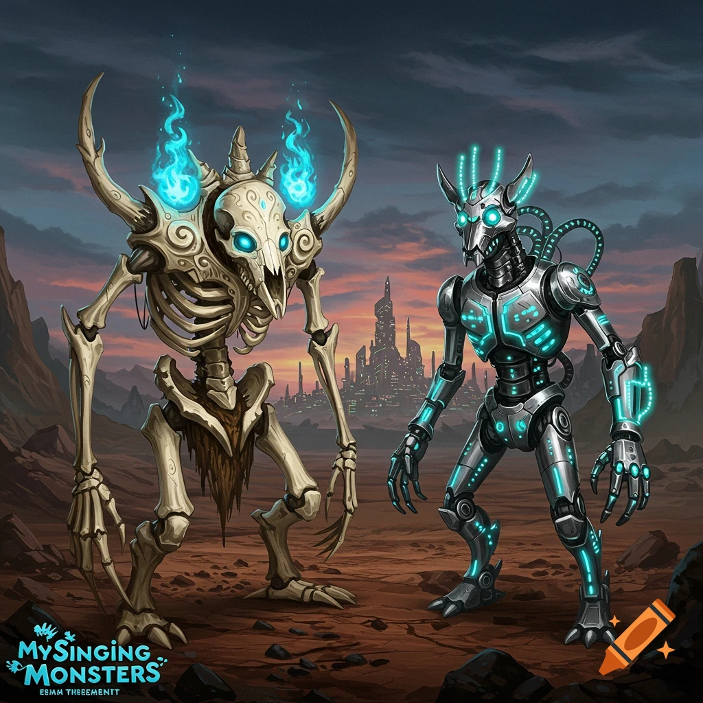 Two monsters, a skeletal horned creature with blue flames and a metallic robot with blue glowing lights, stand in a desert with a futuristic city in the background.