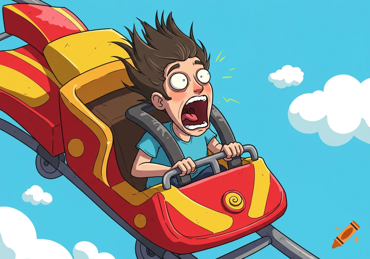 Cartoon of a person with wild hair screaming in a red and yellow roller coaster cart against a blue sky with clouds.