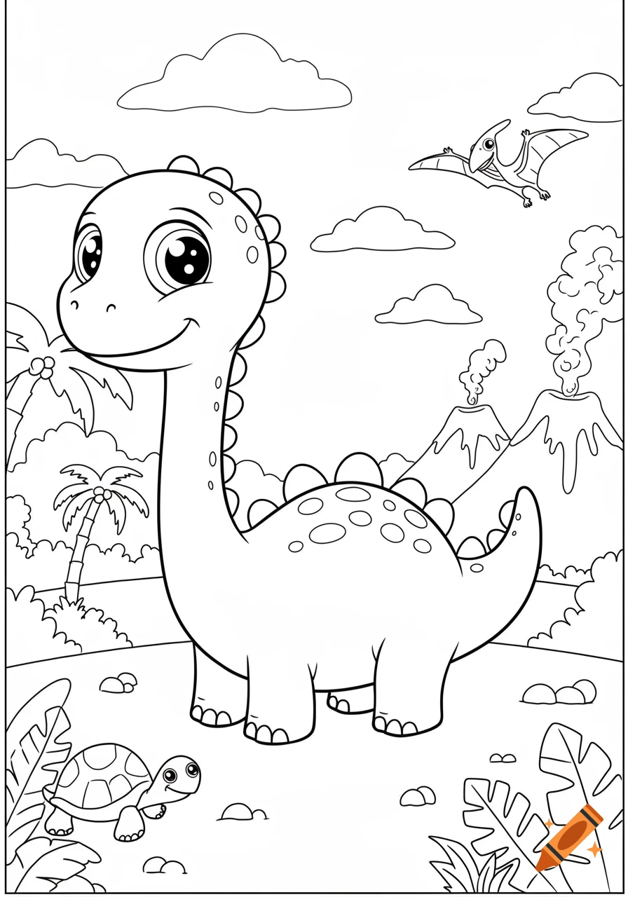 Black and white coloring page of a cute cartoon brontosaurus in a prehistoric landscape with volcanoes, a pterodactyl, and a turtle.