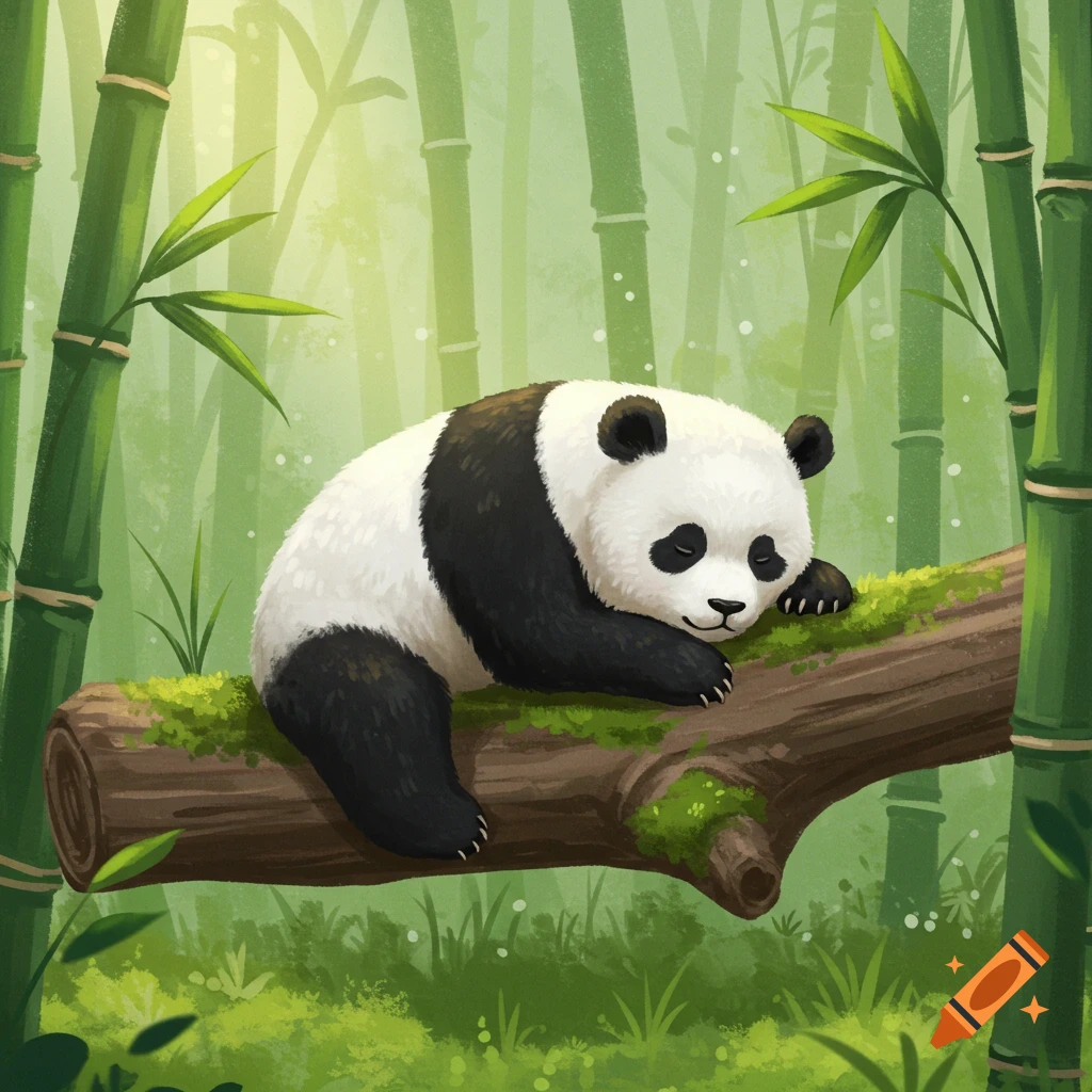 A cute cartoon panda sleeps peacefully on a mossy log in a vibrant bamboo forest with light filtering through.