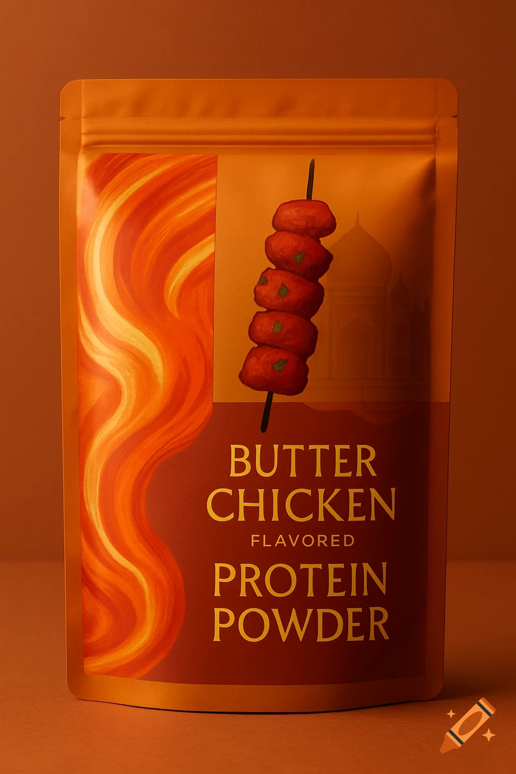 A butter chicken flavored protein powder package on an orange background.