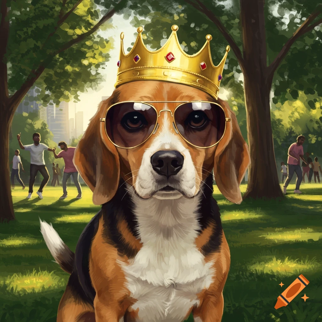 A beagle with a gold crown and sunglasses sits in a park, with blurred people and city buildings in the background, in a digital art style.