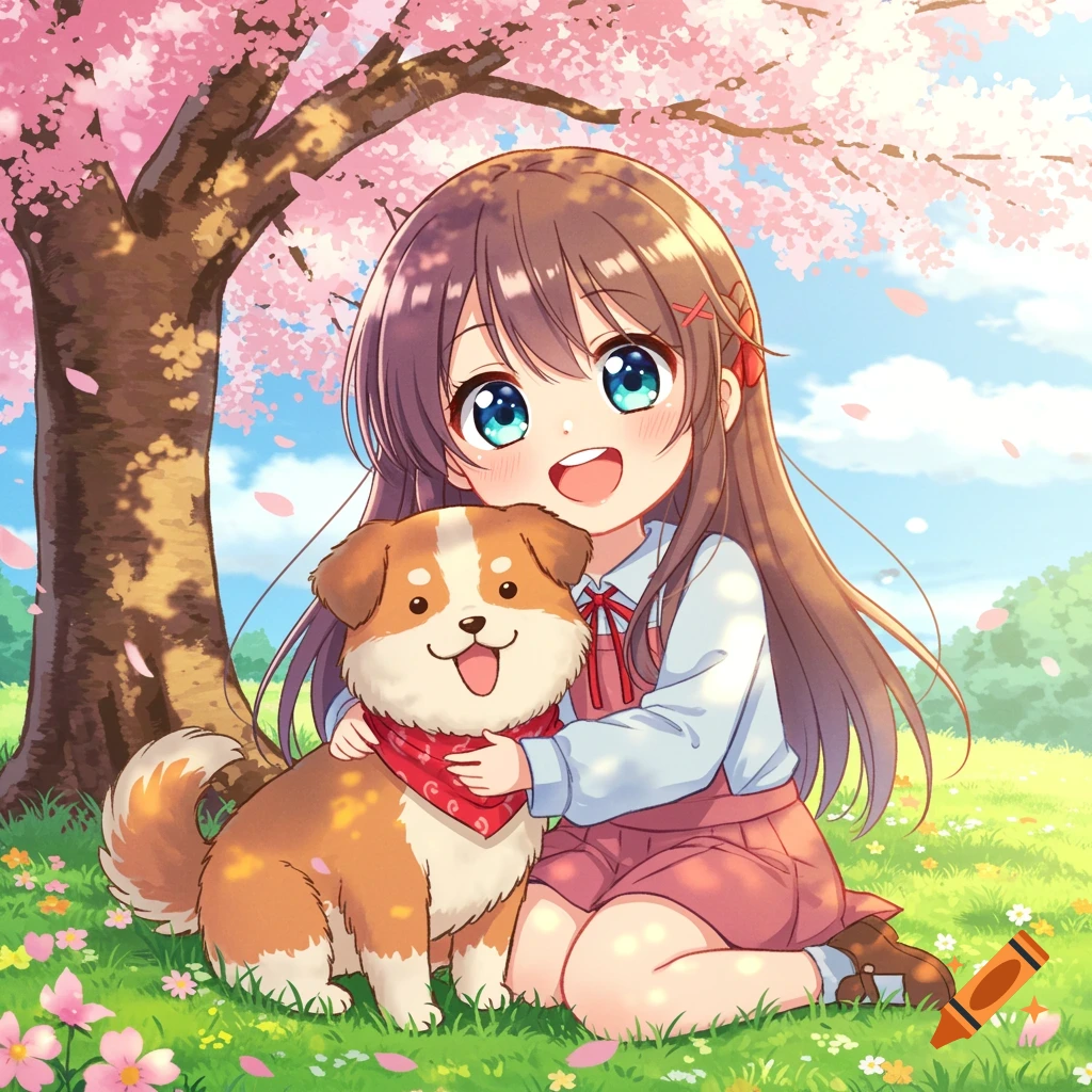 An anime girl smiles while cuddling a cute dog with a red bandana under a pink cherry blossom tree in a sunny, grassy field.