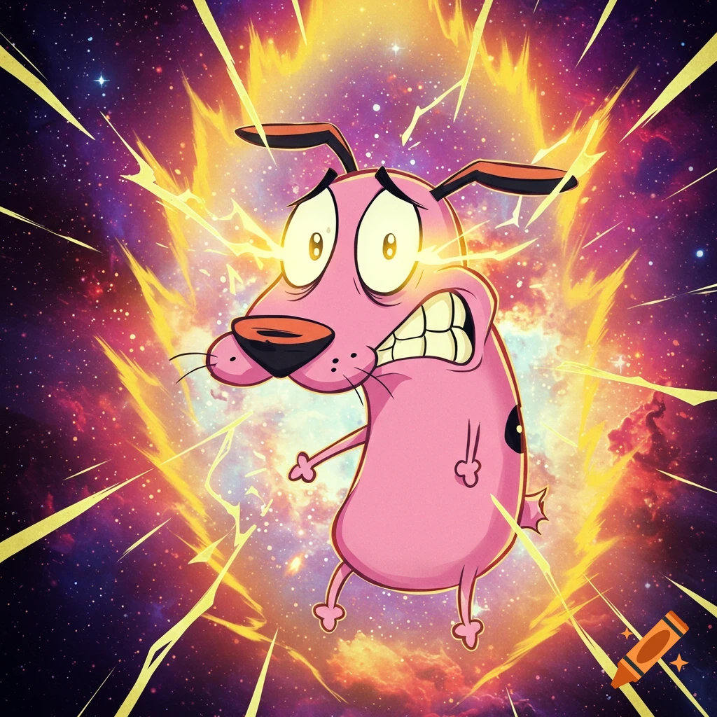 Courage the Cowardly Dog glowing with Super Saiyan energy against a starry galaxy background.