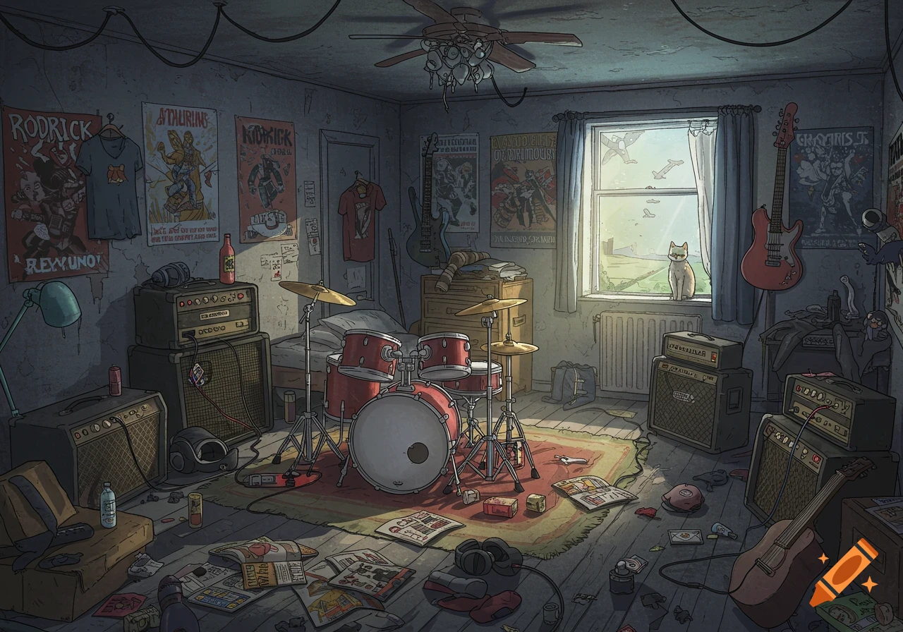 An illustrated messy bedroom with a drum kit, guitars, amps, posters on the walls, and a cat sitting on the windowsill.