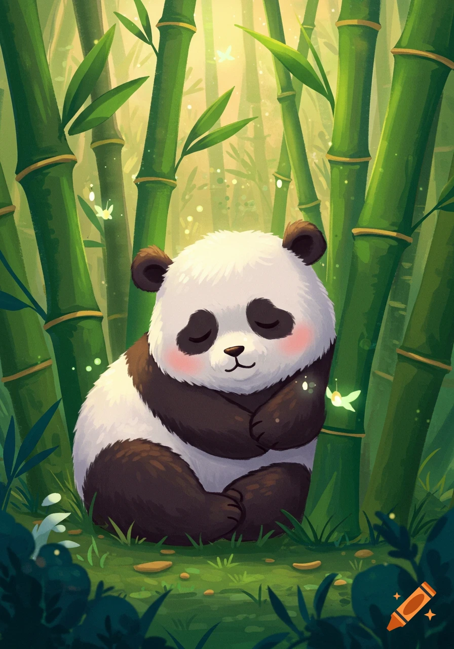 A cute fluffy panda sleeps peacefully in a vibrant green bamboo forest with glowing fireflies, in an illustrative style.