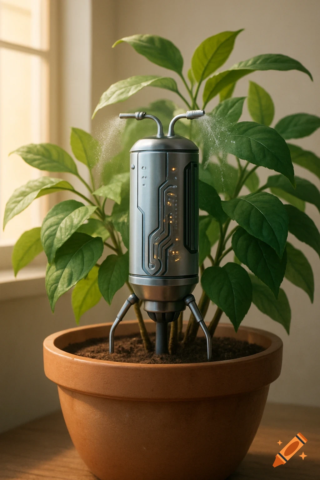 A futuristic silver device with lights and two nozzles sprays mist onto a green plant in a terracotta pot by a sunlit window.