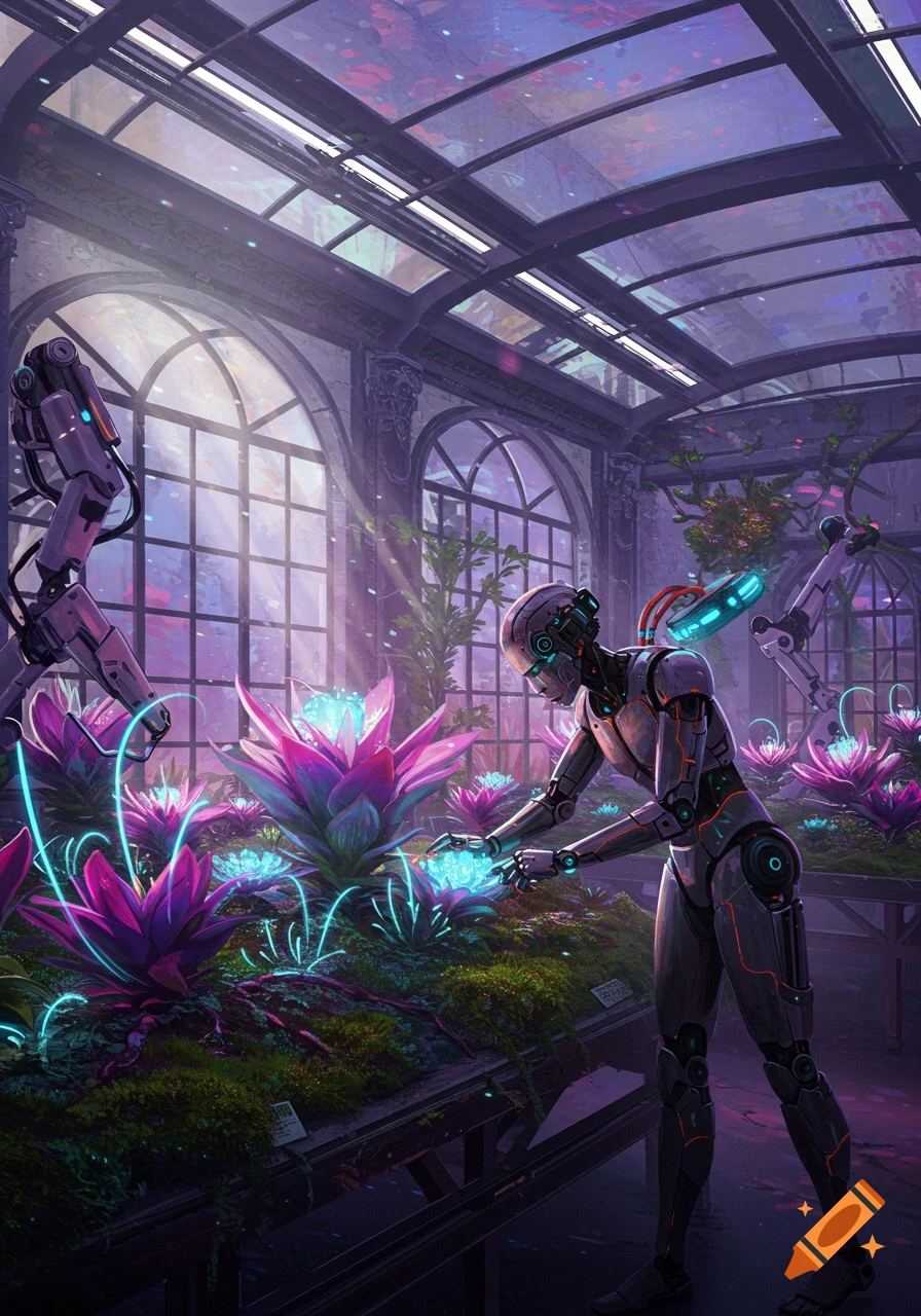 Two robots tending to glowing futuristic plants in a vibrant, purple-hued greenhouse with large arched windows.