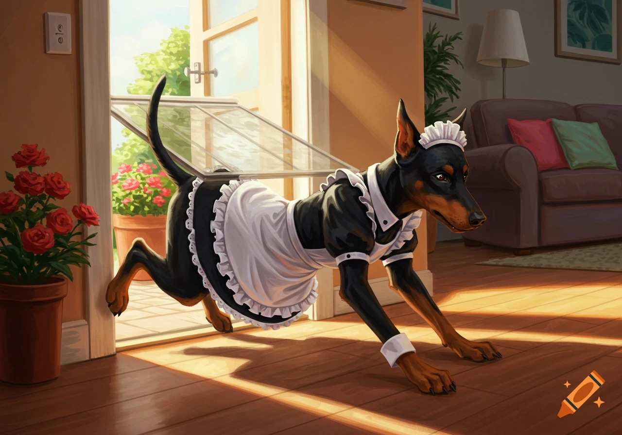 A Doberman dog in a maid outfit scurries into a sunny house through a small doggie door, with a garden visible outside.