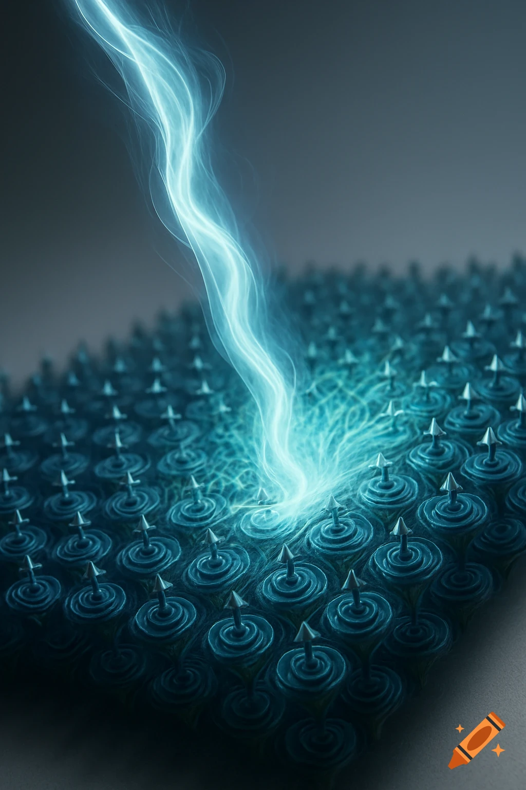 Bright blue energy beam strikes a grid of dark teal, spiky spiral structures, creating a radiant glow.