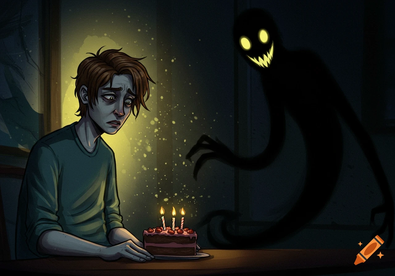 A nervous young man sits with a birthday cake, looking fearful as a menacing shadow figure with glowing eyes and a sharp smile looms behind him.