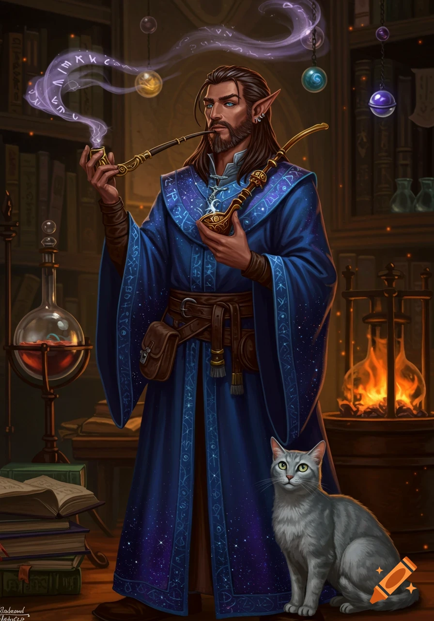 A half-elf wizard in a blue, star-patterned robe smokes a pipe with glowing runes in the smoke, standing next to a gray cat in a study.