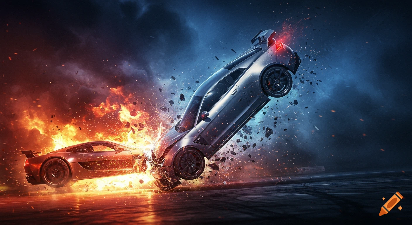Two sports cars collide violently in a fiery explosion with flying debris; one car flips dramatically mid-air against a dark, smoky sky.