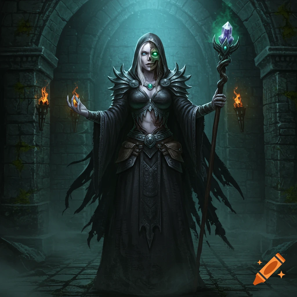 A female lich with a skeletal face and glowing green eye stands in a dark dungeon, holding a staff and a glowing orb.