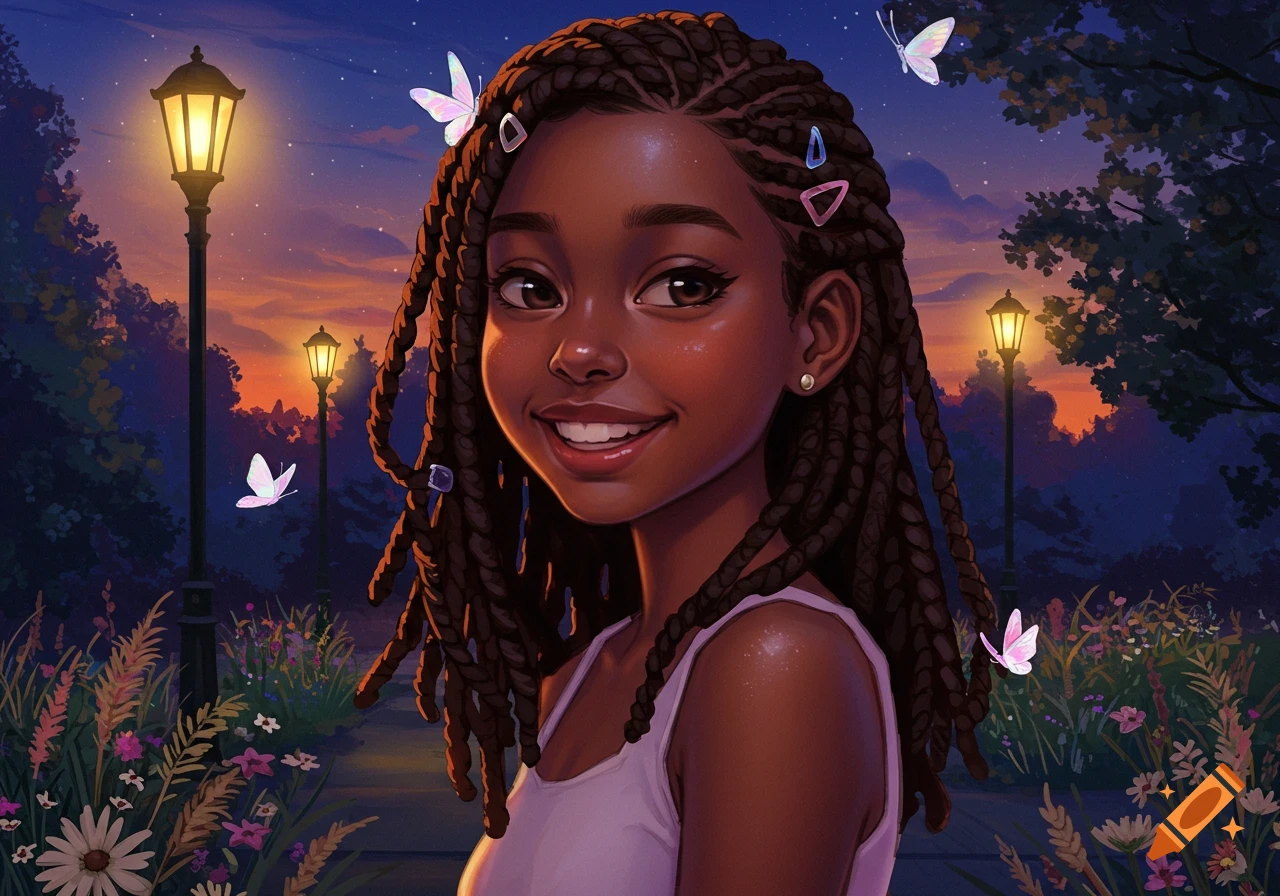 A smiling black girl with box braids and colorful butterfly clips in her hair, in a magical park at sunset with lampposts and butterflies.