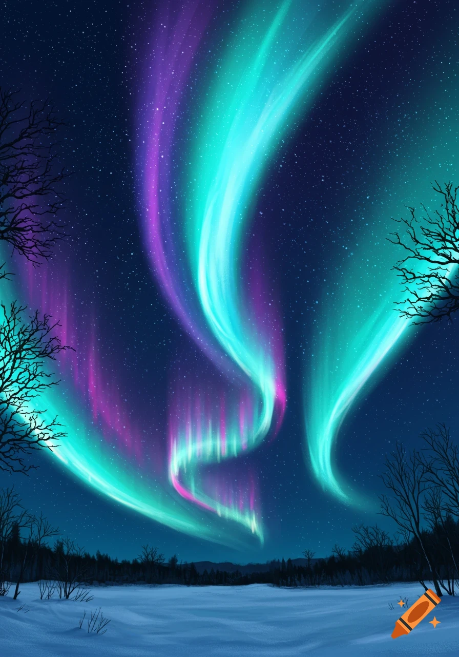 Vibrant purple and turquoise northern lights illuminate a starry night sky over a snow-covered winter landscape with bare trees.