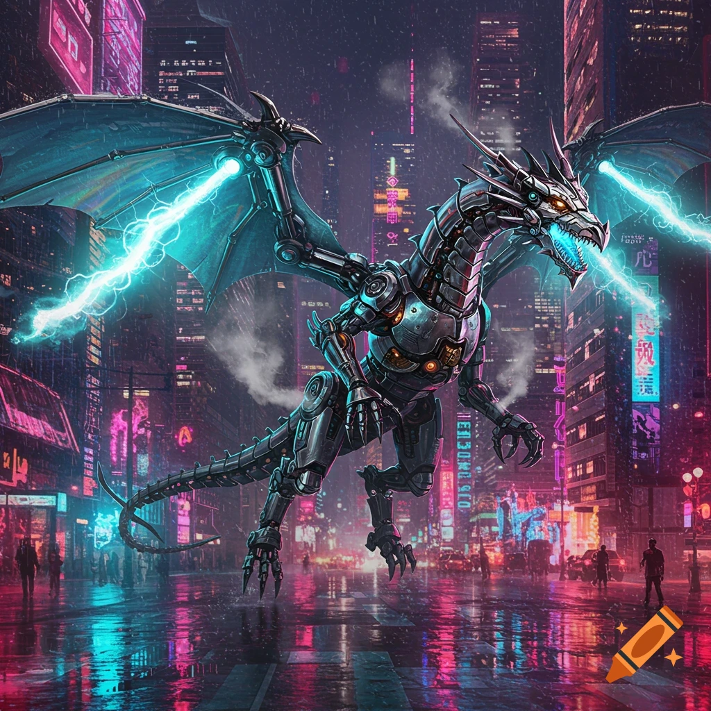A detailed metallic robot dragon with glowing blue eyes and wings, firing energy, hovers above a rain-slicked cyberpunk city street at night, illuminated by neon lights.