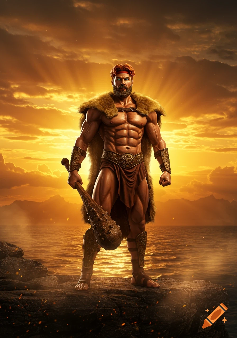 Muscular Hercules with a fur cape and club stands heroically on rocks by the sea at sunset, photorealistic style.