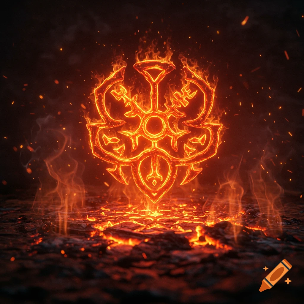 A glowing fiery symbol, a pyro sigil, stands on cracked, glowing ground amidst flames and sparks.