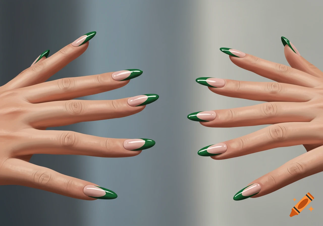 Two hands showing almond-shaped nails with green French tips, stylized illustration.
