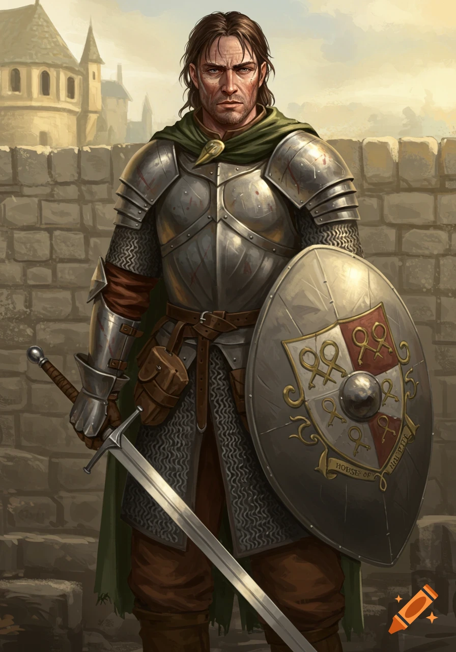 A D&D style portrait of a knight in armor, holding a sword and a shield with the House of Haleth crest, against a stone wall.