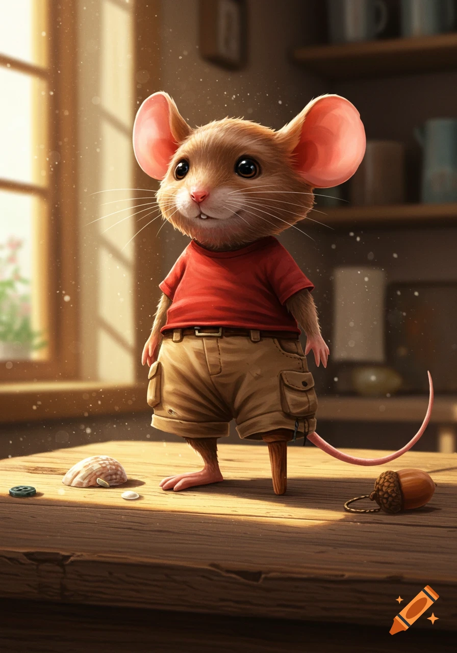 A cute, brown, anthropomorphic mouse wearing a red t-shirt and tan cargo shorts, with a wooden peg leg, stands on a wooden table.