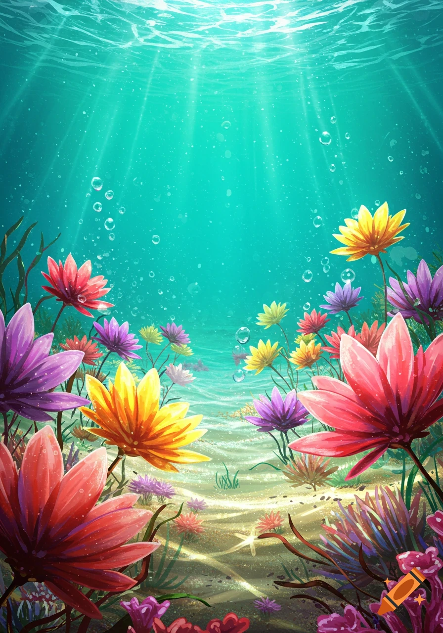 Vibrant illustration of an underwater scene with colorful flowers, plants, and bubbles on a sandy ocean floor with light rays.