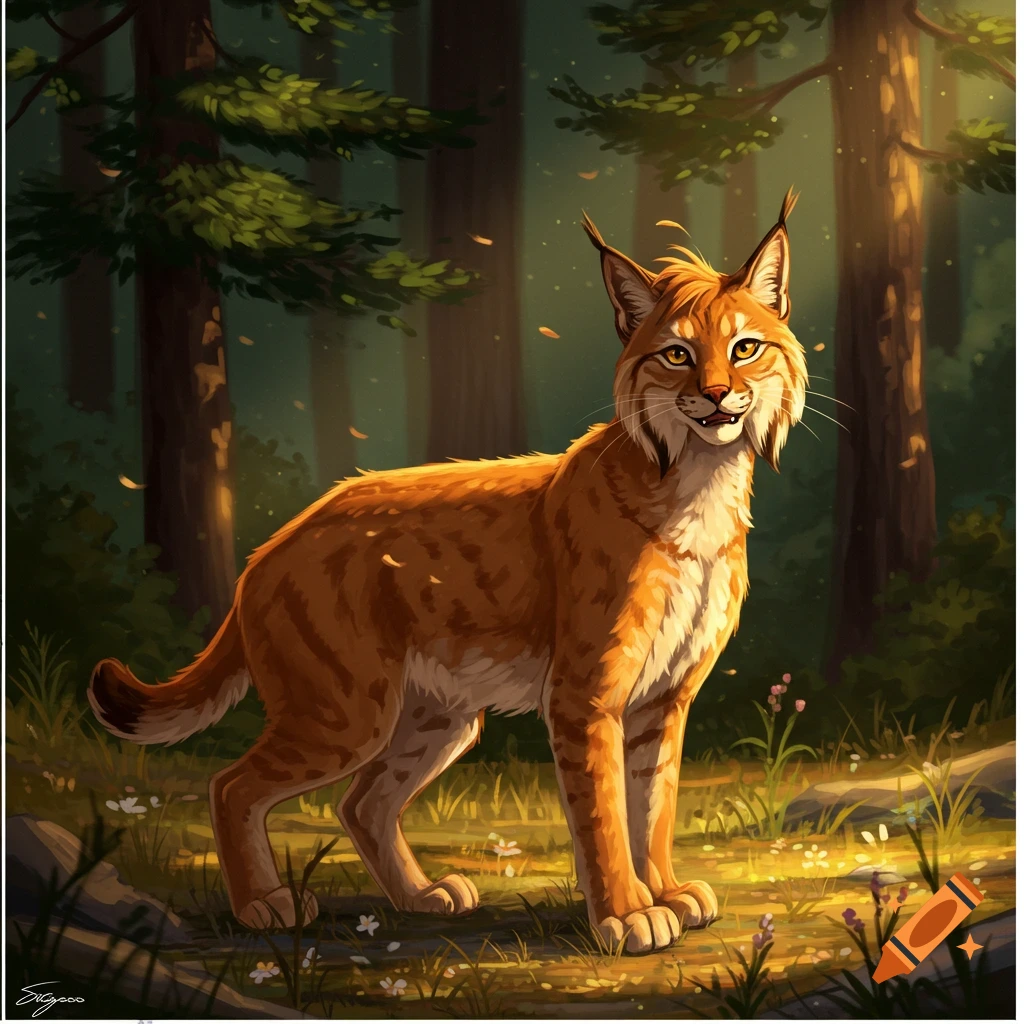 A stylized illustration of an orange-furred Canadian lynx with a toothy smile, standing in a sunny, dappled forest.