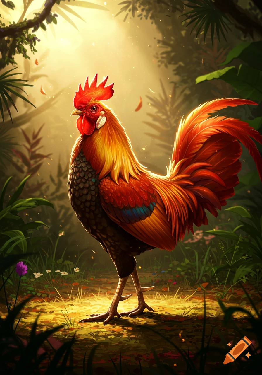 A vibrant rooster with red, orange, and golden feathers stands in a sunlit jungle.