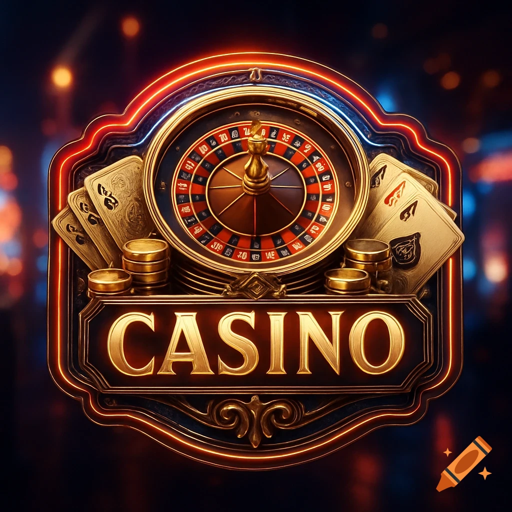 Golden casino logo featuring a roulette wheel, playing cards, chips, and the word CASINO, framed by glowing neon lights.