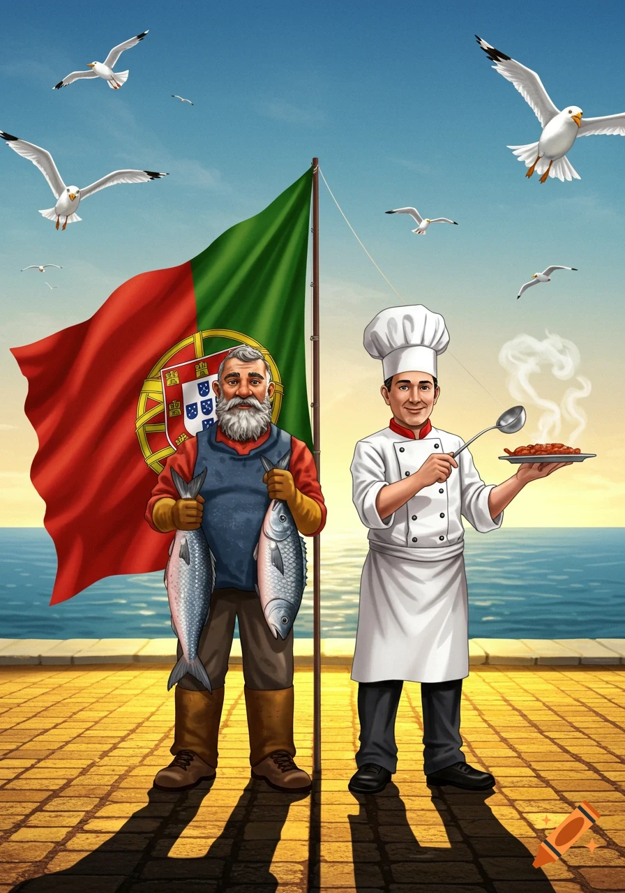 Illustration of a fisherman with fish and a chef with a steaming dish, standing by a Portuguese flag and the ocean with seagulls.