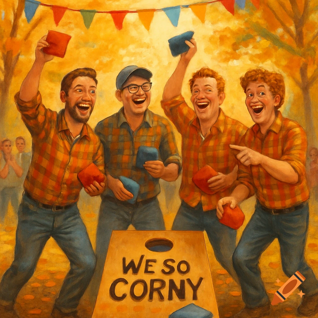 Four men enthusiastically play cornhole outdoors in autumn, with a board labeled 'WE SO CORNY'.