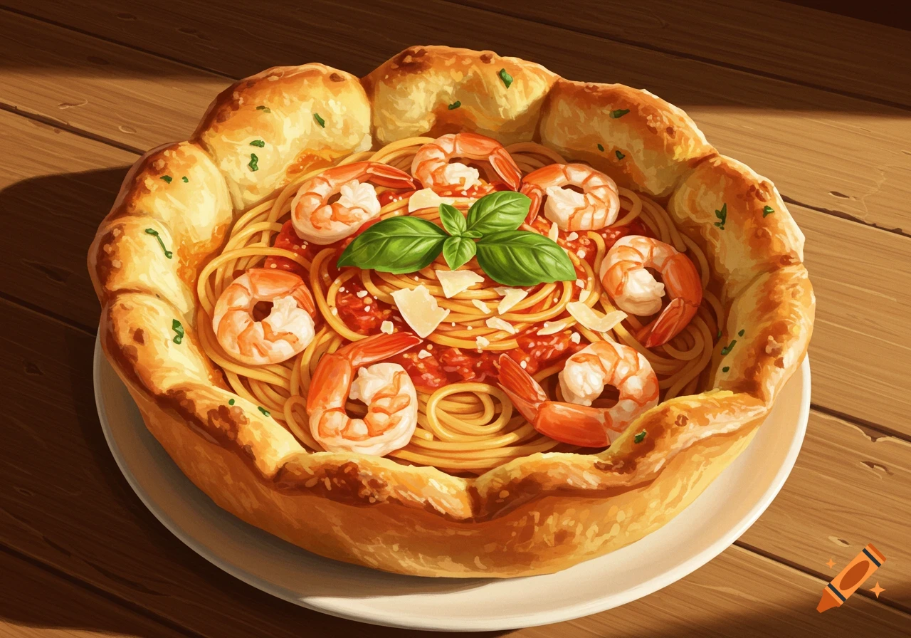 Stylized illustration of shrimp spaghetti served in a rustic bread bowl on a wooden table.