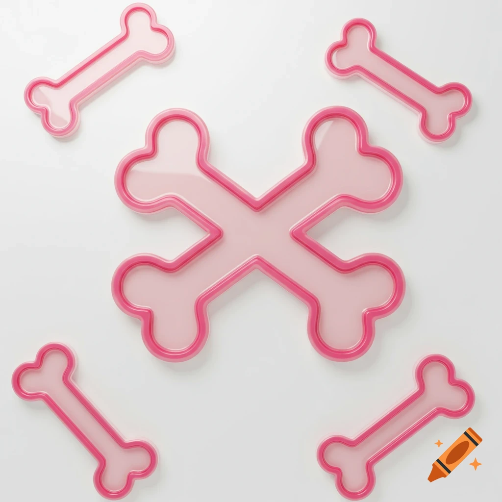 Several pink, glossy, candy-like bone shapes are arranged on a white background with a plastic-like sheen.