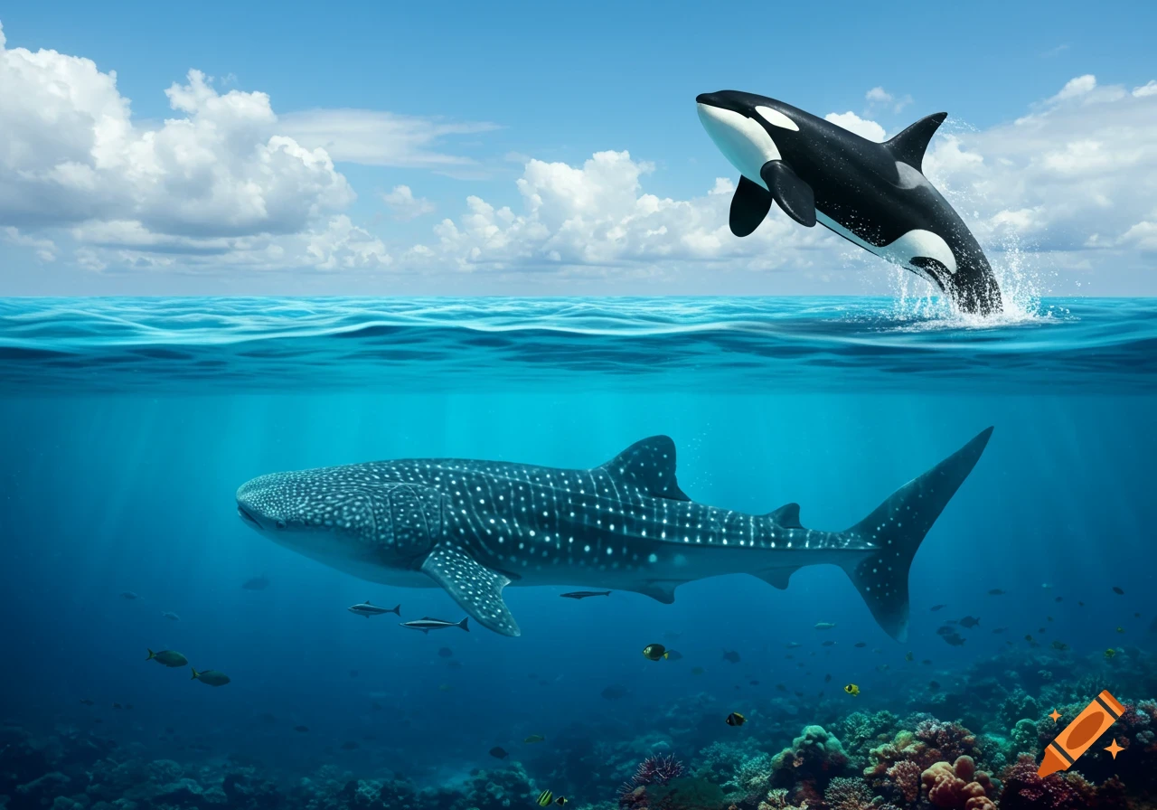 Photorealistic scene of an orca breaching above a whale shark swimming in an ocean with a coral reef.