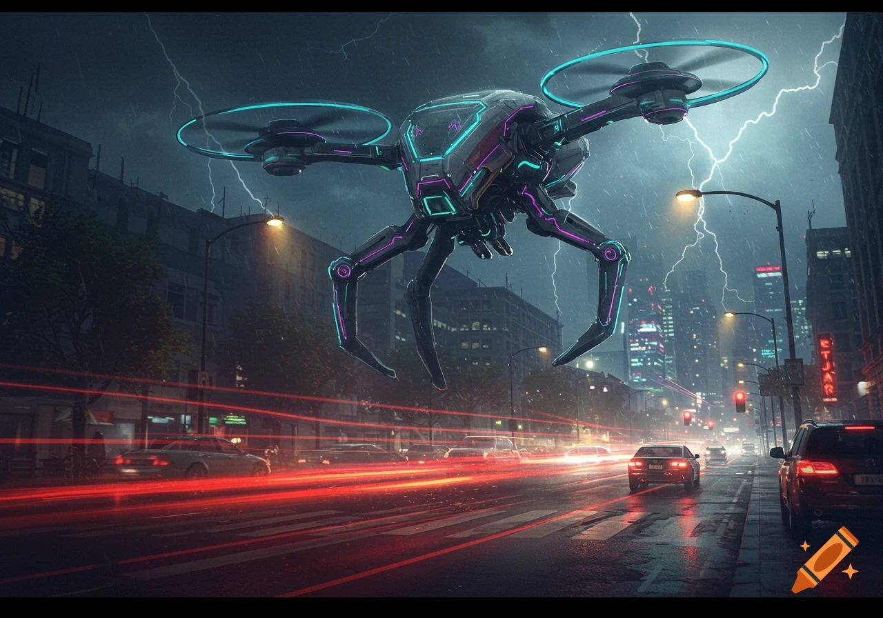 A large, futuristic drone with neon lights and claws hovers over a rainy city street at night during a lightning storm, with car light trails.