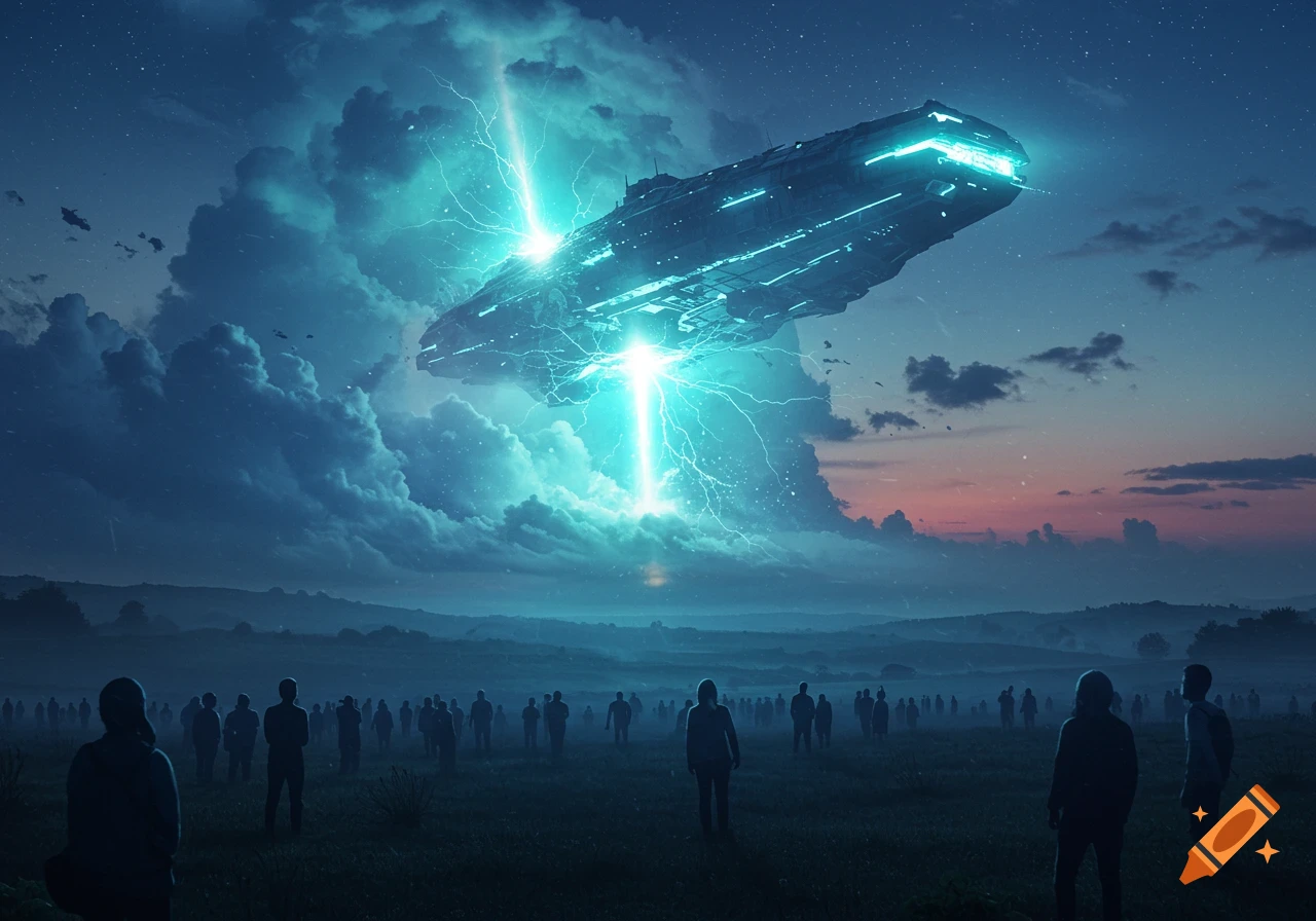 A large, glowing alien spacecraft hovers over a field at dusk, with many silhouetted people looking up.