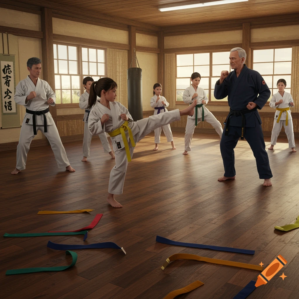 A diverse group practices martial arts in a dojo, with children and adults in gis, a child kicks while an instructor watches. Photorealistic.