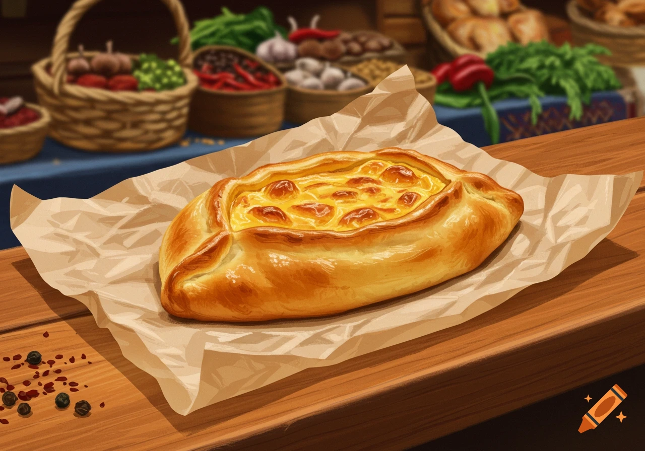 An illustration of a golden-brown pastry with a cheesy filling, wrapped in parchment paper, on a wooden table with a blurred market background.