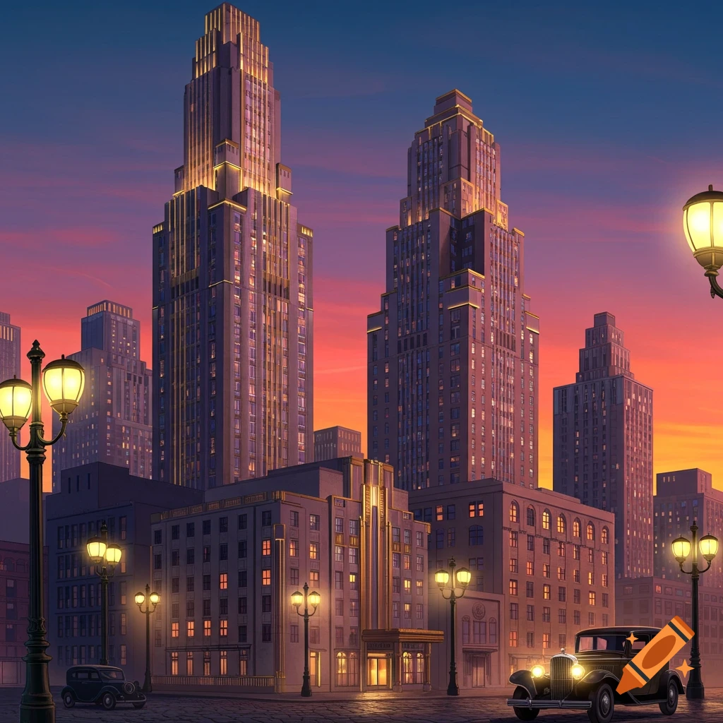 Art Deco city street at sunset with towering buildings, vintage cars, and streetlights glowing.