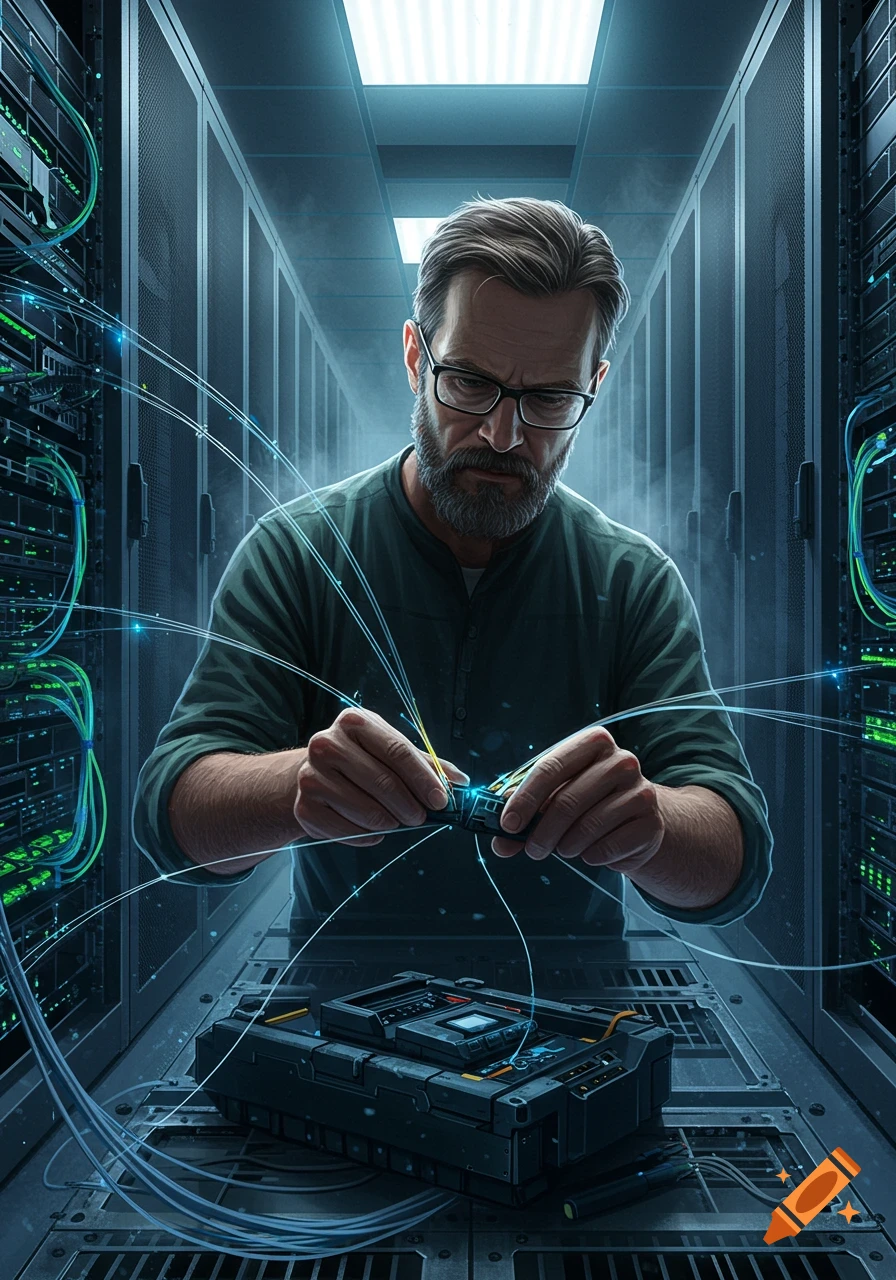 A bearded man wearing glasses carefully splices fiber optic cables in a glowing data center with server racks.